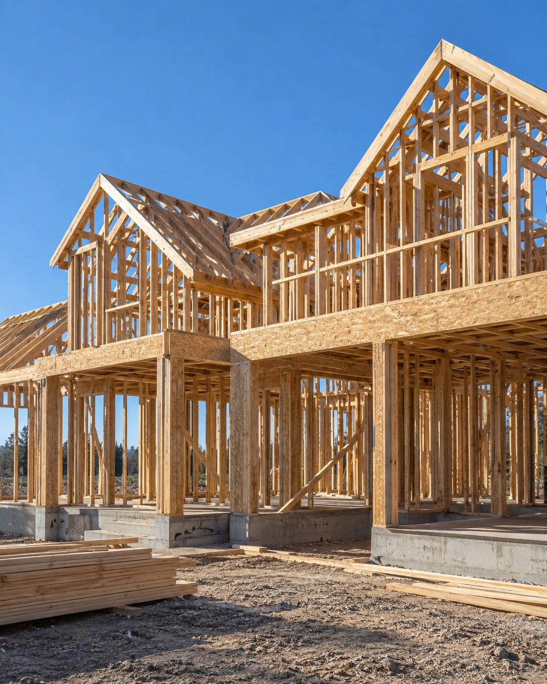 Custom home under construction, framing and engineered lumber