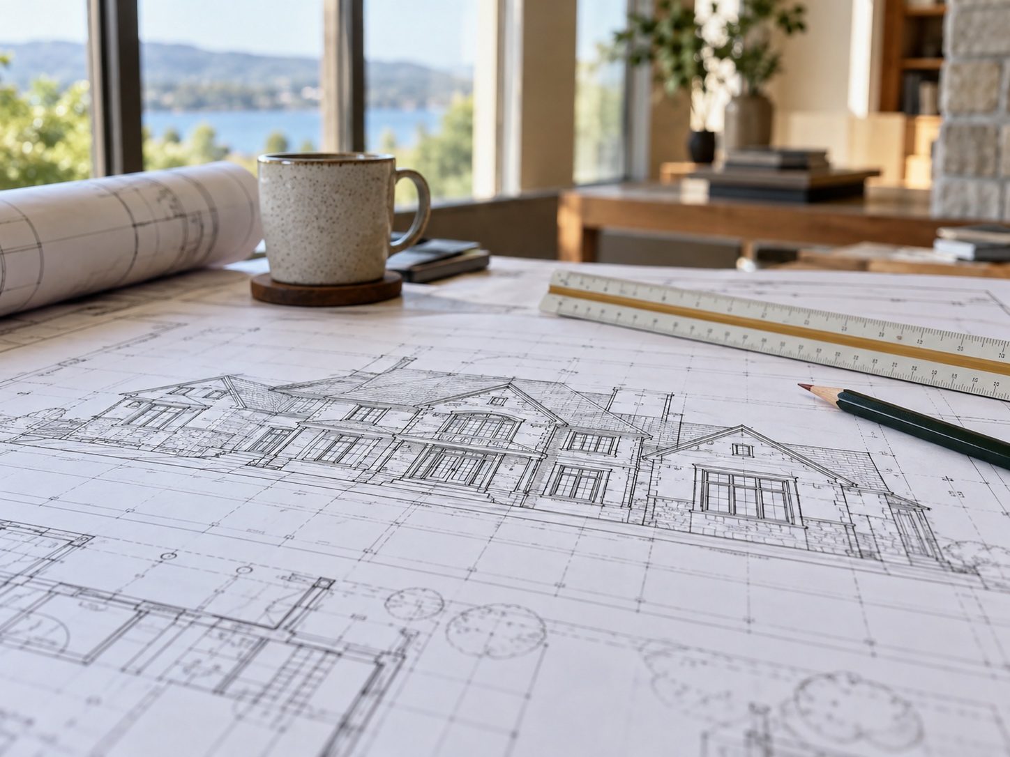 Architectural drawings on a plan table