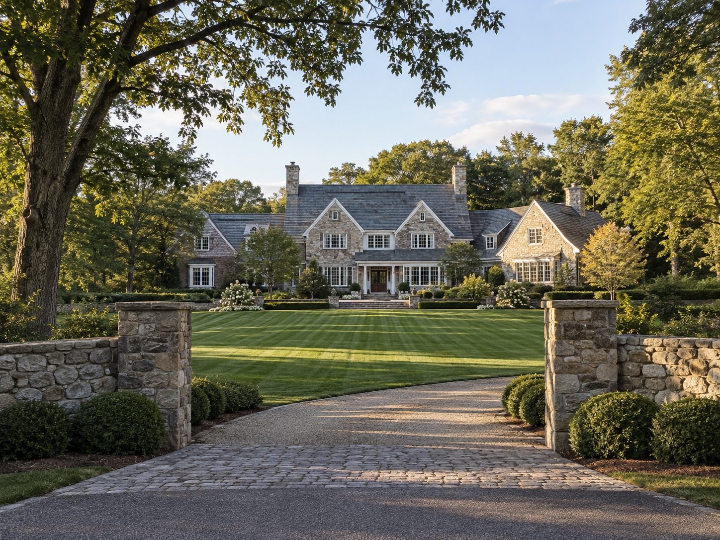 Back-country Greenwich estate with stone entry walls