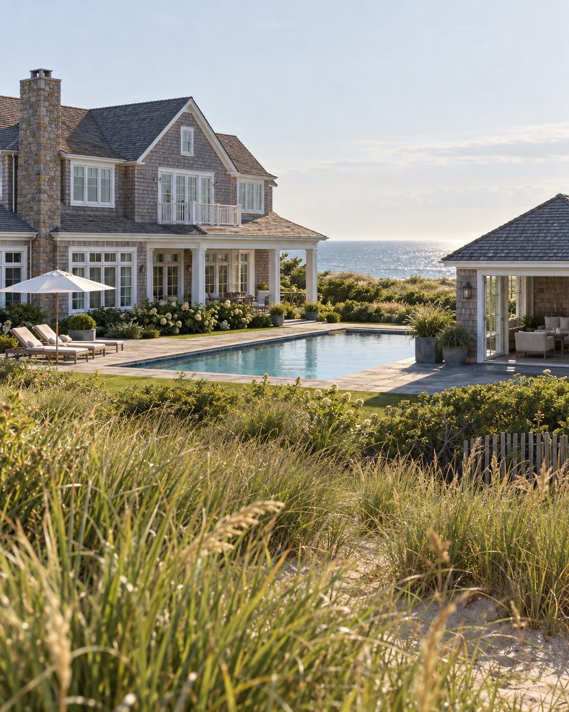Cedar-shingle Hamptons house with pool behind the dunes