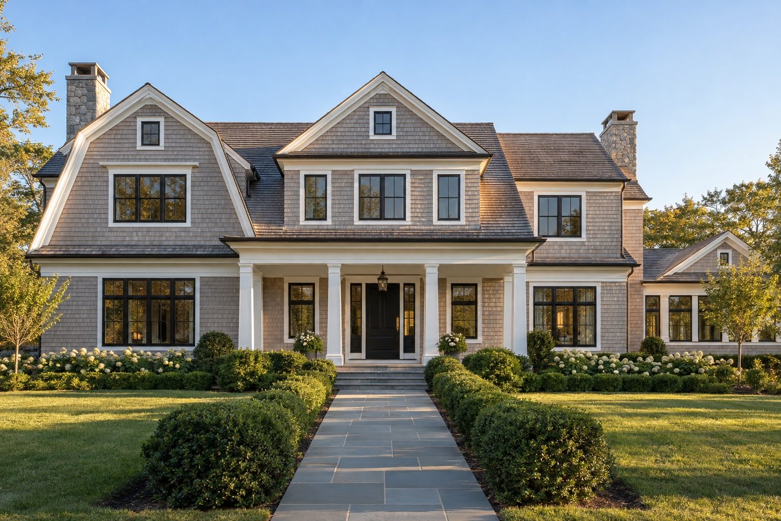 Shingle-style custom home, front elevation, Fairfield County