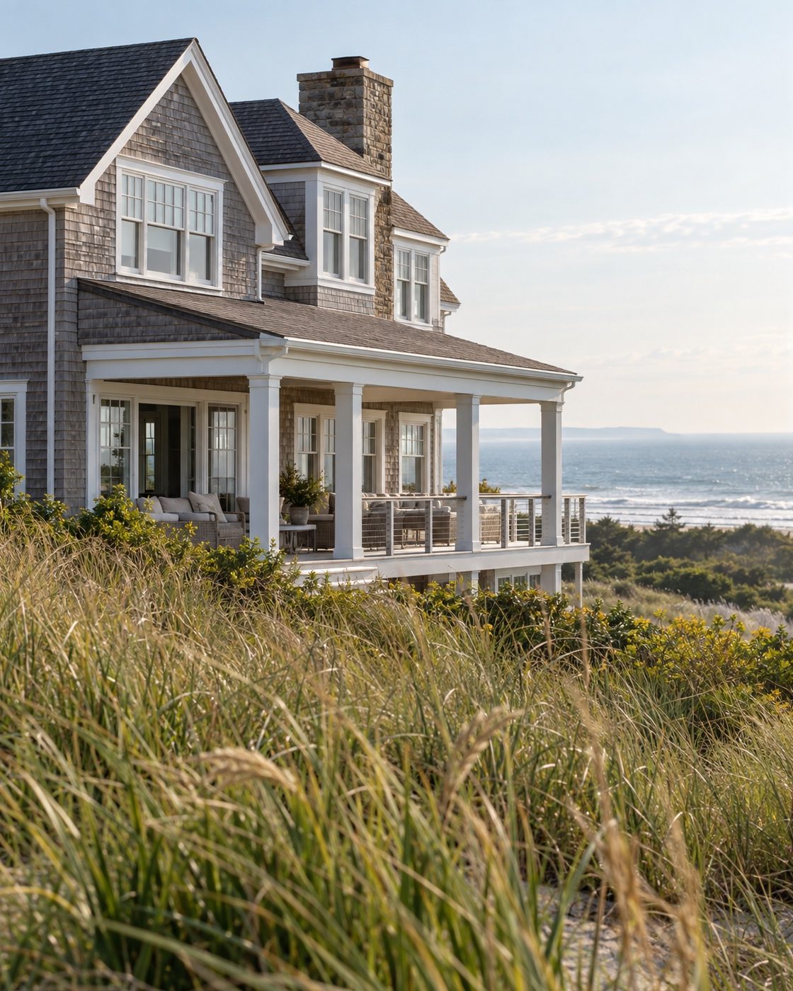 Coastal cedar-shingle residence behind dune grass