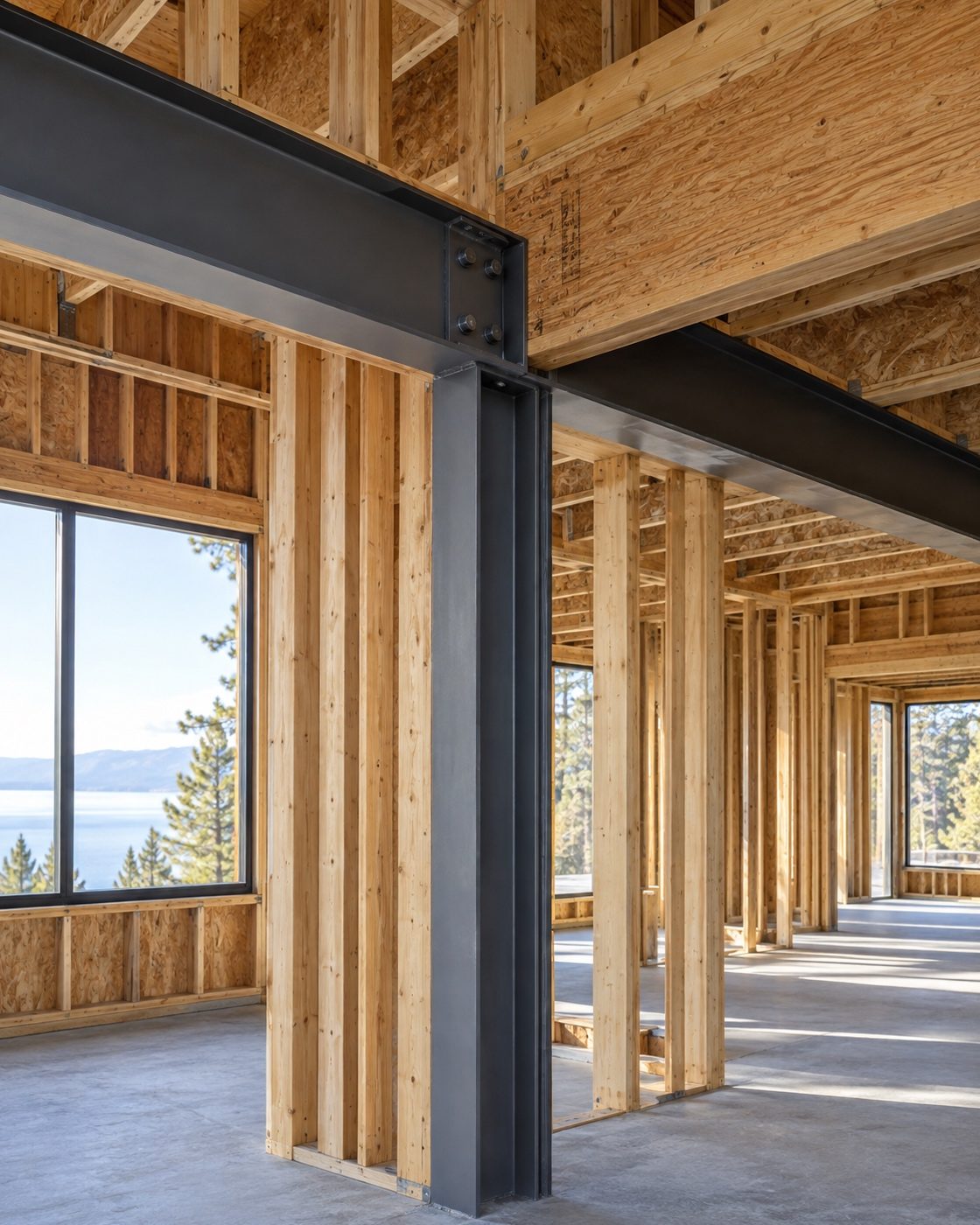 Steel beam and engineered lumber framing inside a custom home