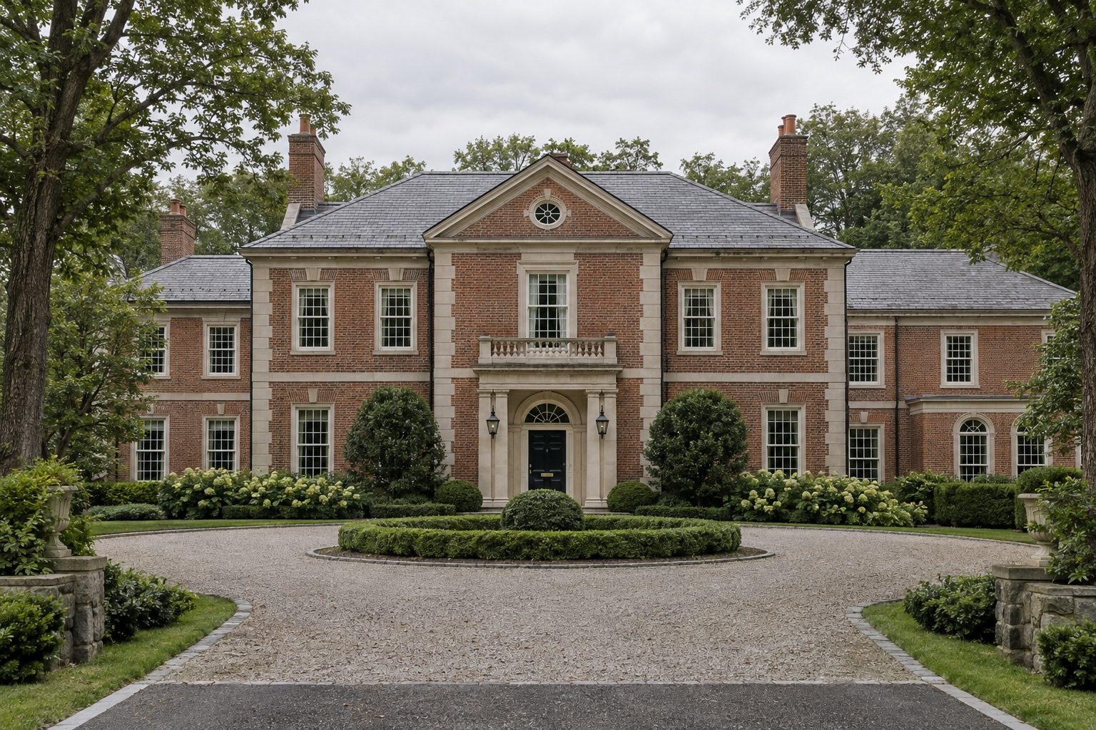 Georgian revival brick and limestone residence, Westchester County